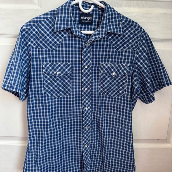 Mens Wrangler M Pearl Snap Short Sleeve Western Shirt Blue White Plaid - Picture 1 of 2